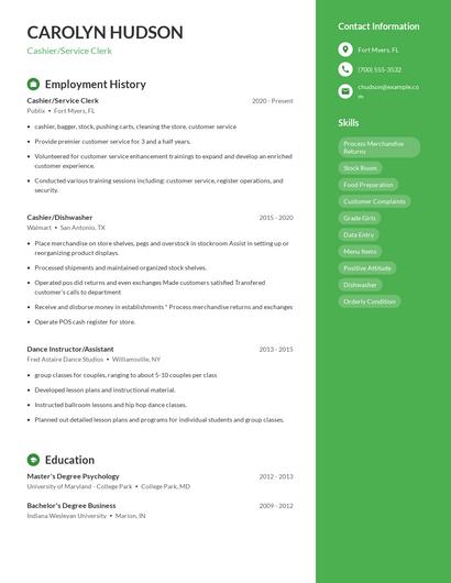 Cashier/Service Clerk Resume