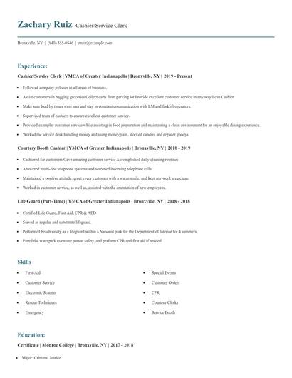 Cashier/Service Clerk Resume
