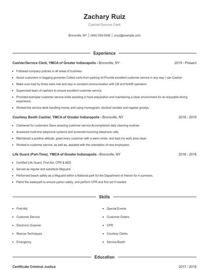 Cashier/Service Clerk Resume