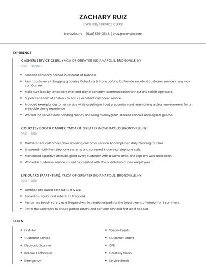 Cashier/Service Clerk Resume