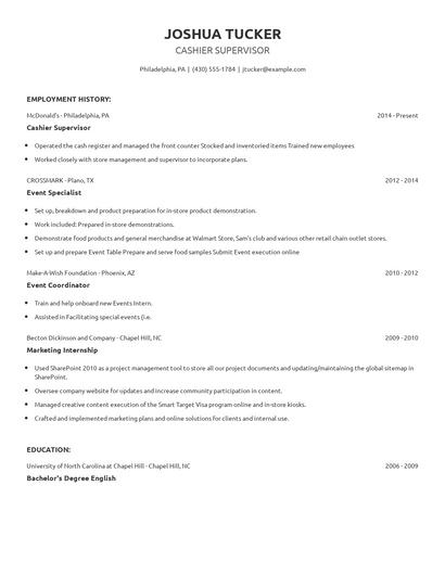 Cashier Supervisor Resume