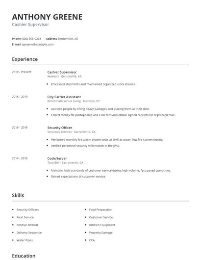 Cashier Supervisor Resume