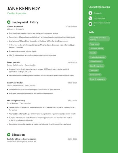 Cashier Supervisor Resume