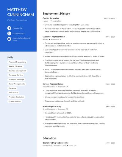 Cashier Supervisor Resume