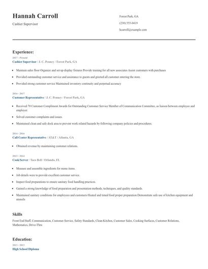 Cashier Supervisor Resume