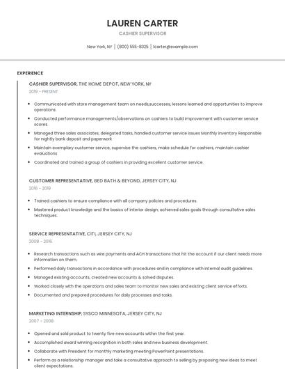 Cashier Supervisor Resume