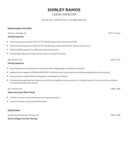 Casing Inspector Resume