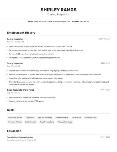 Casing Inspector Resume