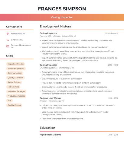 Casing Inspector Resume