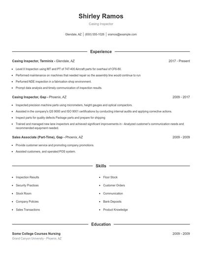 Casing Inspector Resume