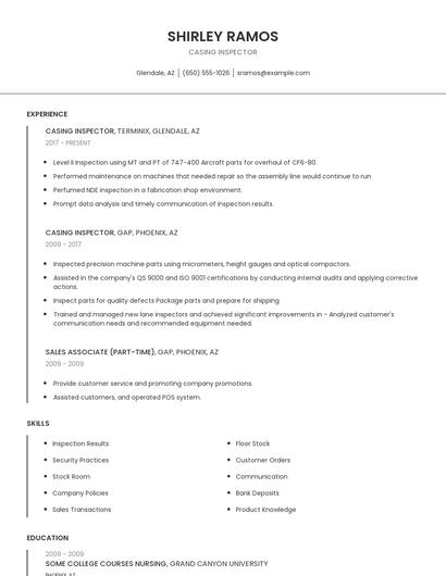 Casing Inspector Resume