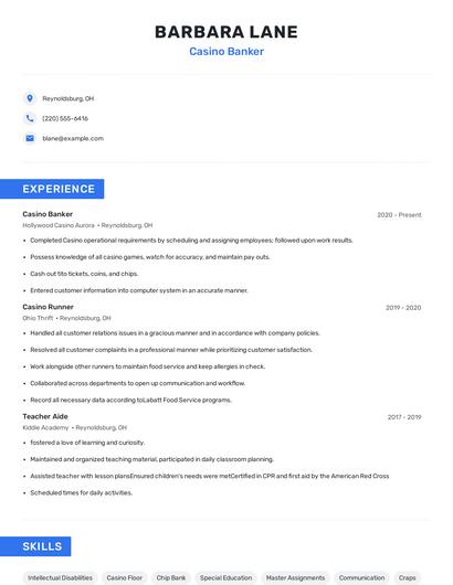 Casino Banker Resume