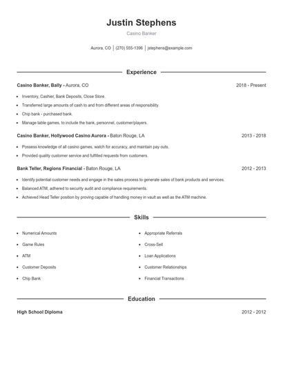 Casino Banker Resume