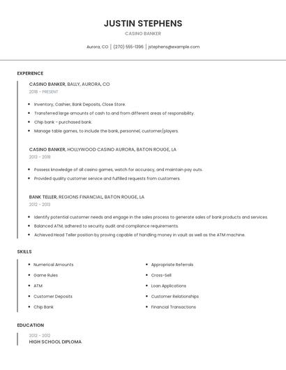 Casino Banker Resume