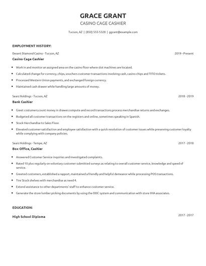 Casino Cage Cashier Resume