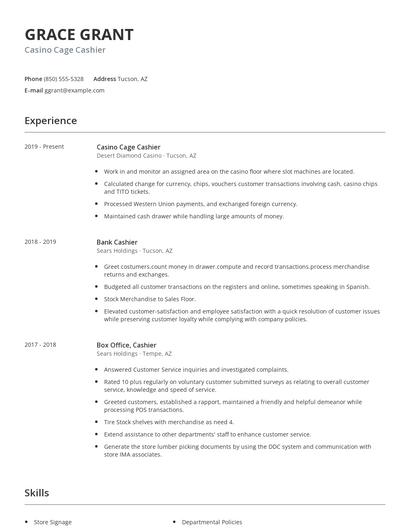 Casino Cage Cashier Resume