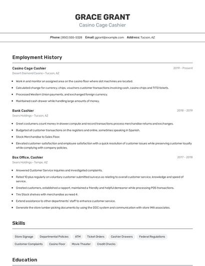 Casino Cage Cashier Resume