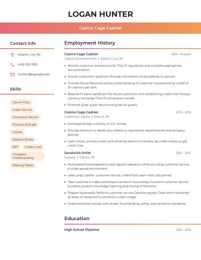 Casino Cage Cashier Resume