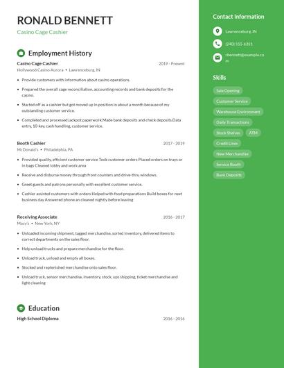 Casino Cage Cashier Resume