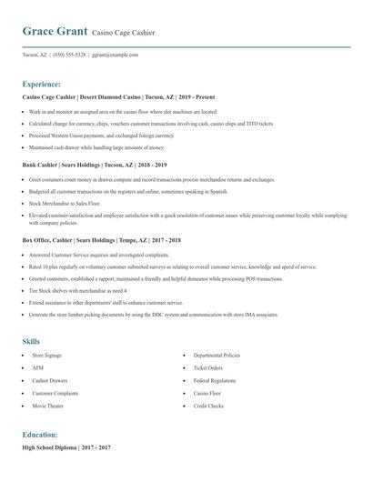 Casino Cage Cashier Resume