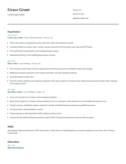 Casino Cage Cashier Resume