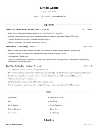 Casino Cage Cashier Resume