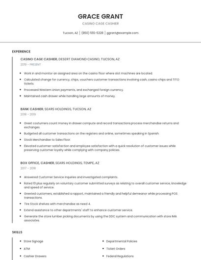 Casino Cage Cashier Resume