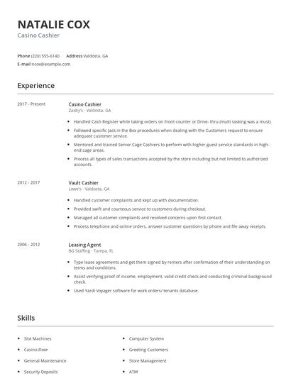 Casino Cashier Resume