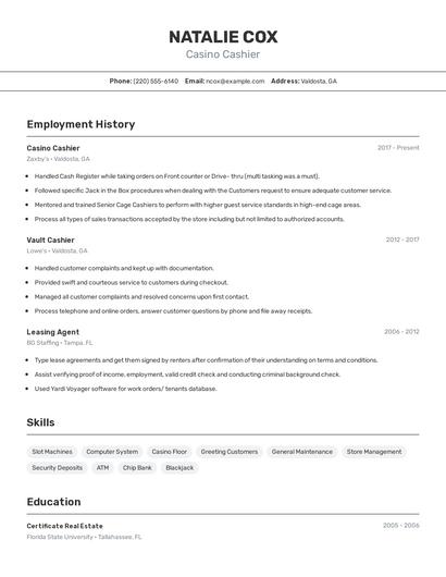 Casino Cashier Resume