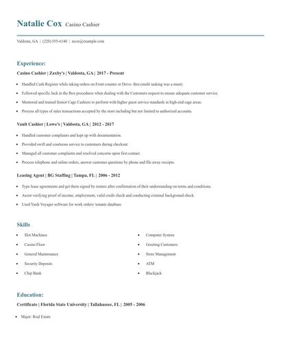 Casino Cashier Resume