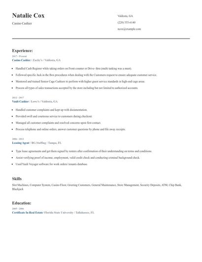Casino Cashier Resume