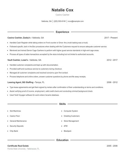 Casino Cashier Resume