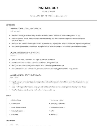 Casino Cashier Resume
