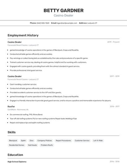 Casino Dealer Resume