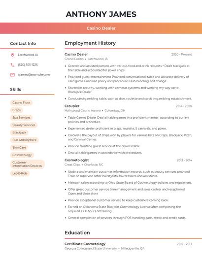 Casino Dealer Resume