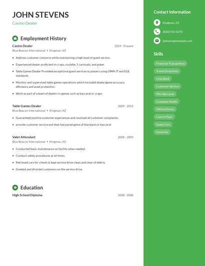 Casino Dealer Resume