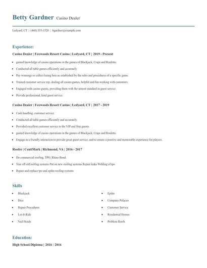 Casino Dealer Resume