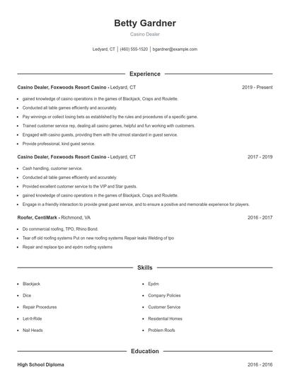 Casino Dealer Resume