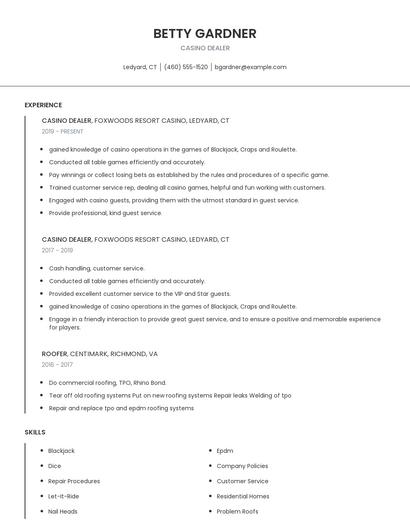Casino Dealer Resume