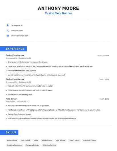 Casino Floor Runner Resume