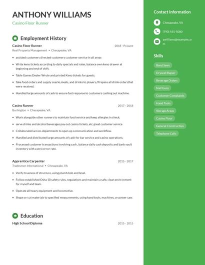 Casino Floor Runner Resume