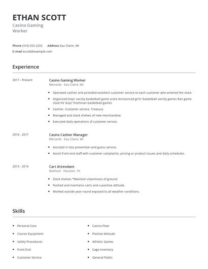 Casino Gaming Worker Resume