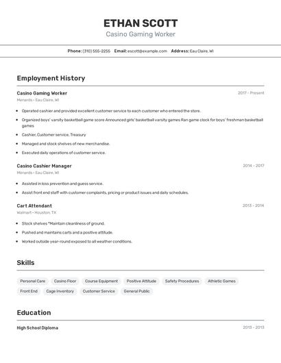 Casino Gaming Worker Resume