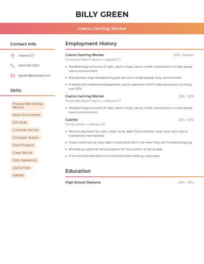 Casino Gaming Worker Resume