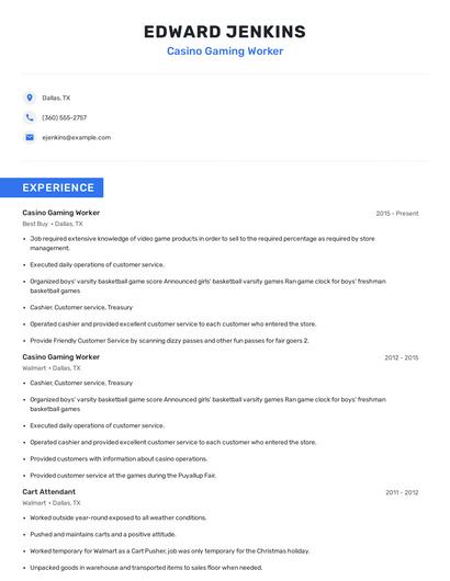 Casino Gaming Worker Resume