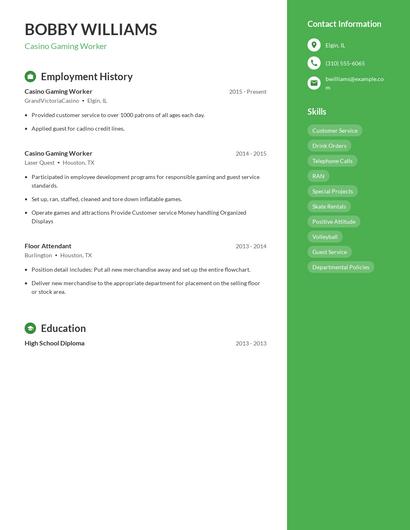 Casino Gaming Worker Resume