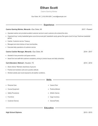 Casino Gaming Worker Resume