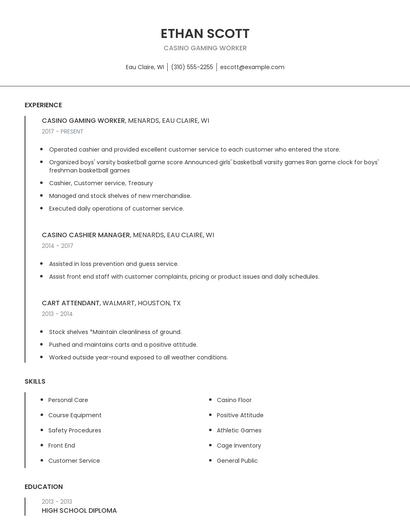 Casino Gaming Worker Resume