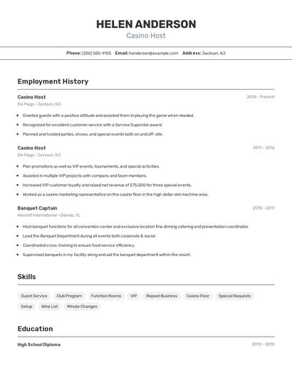 Casino Host Resume