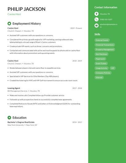 Casino Host Resume